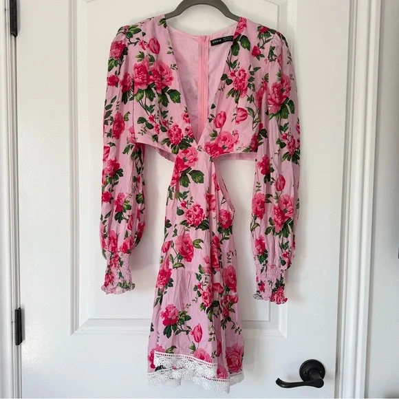Barbie Pink Rose Floral LoveShackFancy style Mini Cut Out Flowy Summer Dress XS - Picture 1 of 13